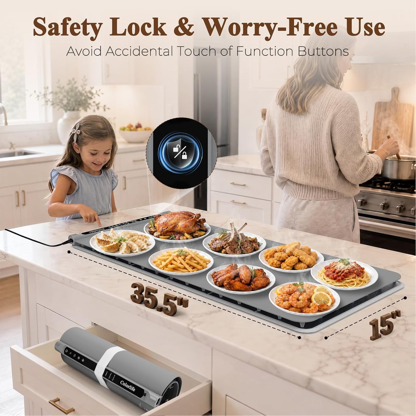Warming Mat for Food, Electric Warming Tray with Heat-Resistant Pad-L Grey | Colorlife 6 Preset Modes, 7 Temps, 6H Timer, Child Lock, Auto-Memory, Rollable Silicone Food Warmer for Buffet, Parties