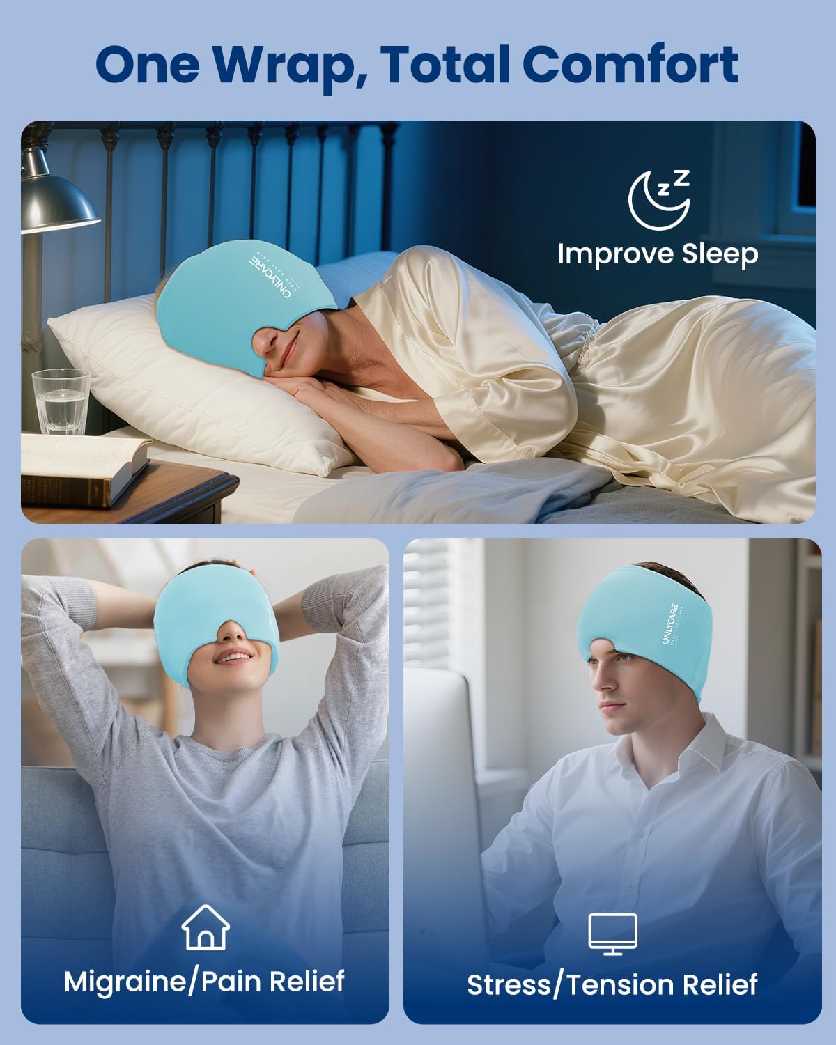ONLYCARE Migraine Relief Cap, Headache Relief Cold Cap with Odorless Gel | Cooling Hat Head Wrap Soothing Face Ice Pack Mask Products for Tension Stress Hangover & Puffy Eyes, Relaxing Gifts for Women