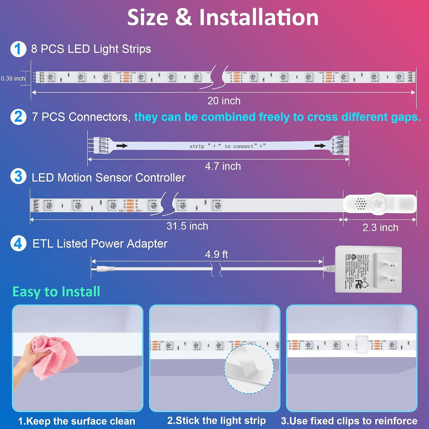 maylit 8 PCS Motion Sensor RGB Under Cabinet Lights Kit, App and Remote Control Led Strip Lights, Music Sync Color Changing Led Lights with Power Adapter, for Cabinet, Counter, Shelf, Bookcase, 13ft | App and Remote Control Led Strip Lights, Music Sync
