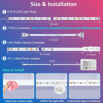 maylit 8 PCS Motion Sensor RGB Under Cabinet Lights Kit, App and Remote Control Led Strip Lights, Music Sync Color Changing Led Lights with Power Adapter, for Cabinet, Counter, Shelf, Bookcase, 13ft | App and Remote Control Led Strip Lights, Music Sync