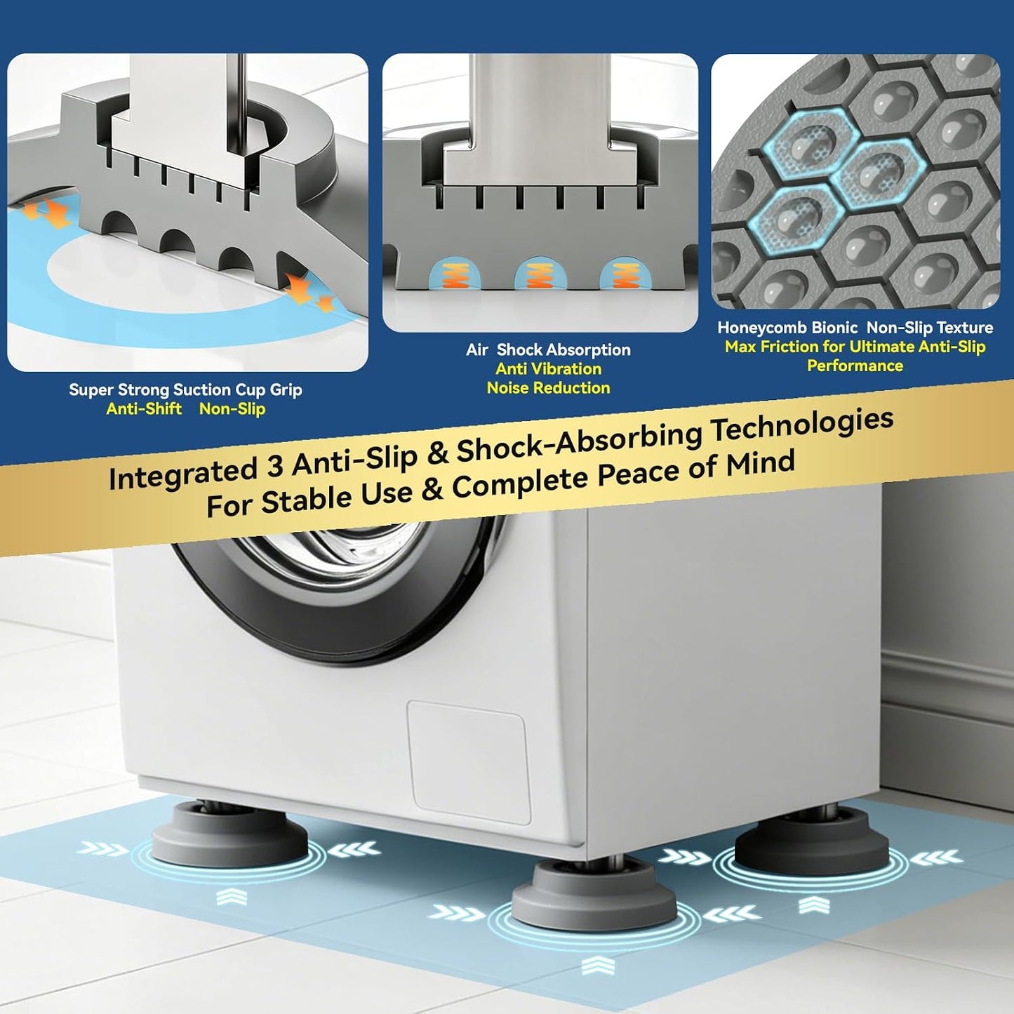 Anti Vibration Pads for Washing Machine with Powerful Sucker, Anti Vibration Pads Vibration Absorber,Washer and Dryer Stand,Stops Washer Dryer Prevents Noise, Washing Machine Stand |Grey, 4pcs|