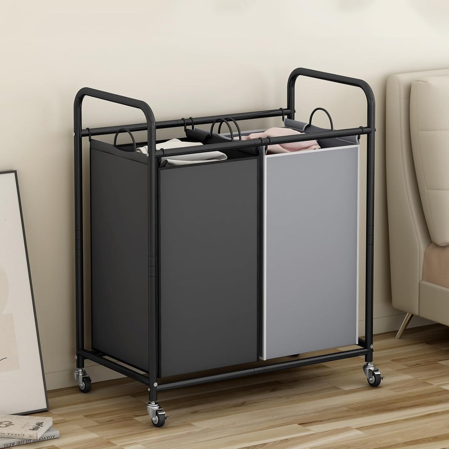SUOERNUO Laundry Hamper with Lockable Wheels and 2 Removable Bags | Rolling Laundry Basket Laundry Sorter 2 section for Dirty Clothes in Laundry Room or Small Spaces, Grey+Beige