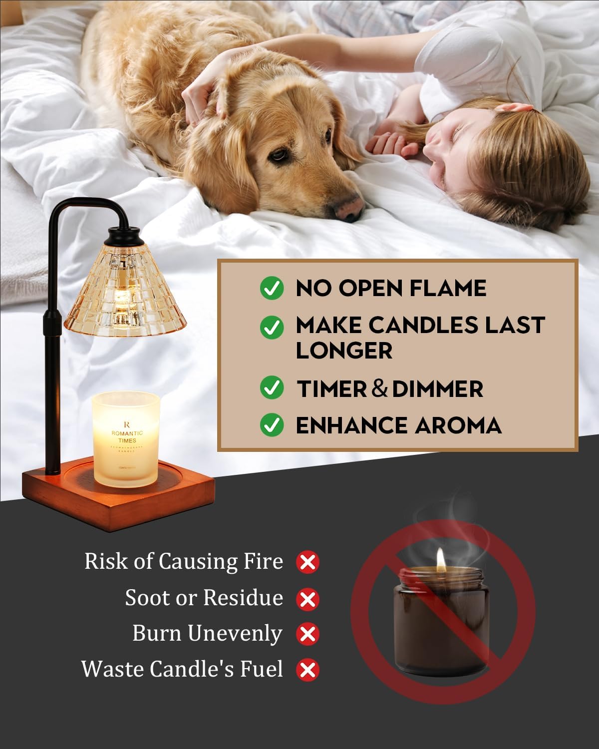 Modern Candle Warmer Lamp with Timer, Dimmable Candle Lamp Warmer, Mothers Day Birthday Gifts for Women Men, Black Candle Warmer, Adjustable Candle Light Warmer, Cozy Living Room Bedroom Home Decor