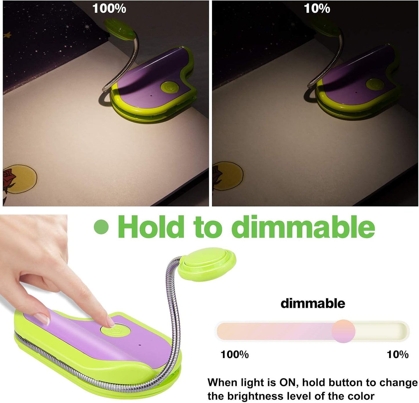 BIGMONAT Rechargeable Book Reading Light in Bed,Dimmable Warm/White Book Light for Kids,Multi Colors Portable LED Reading Lamp with Rotary Light Neck,Wireless Clip on Reading Light for Student(Green)