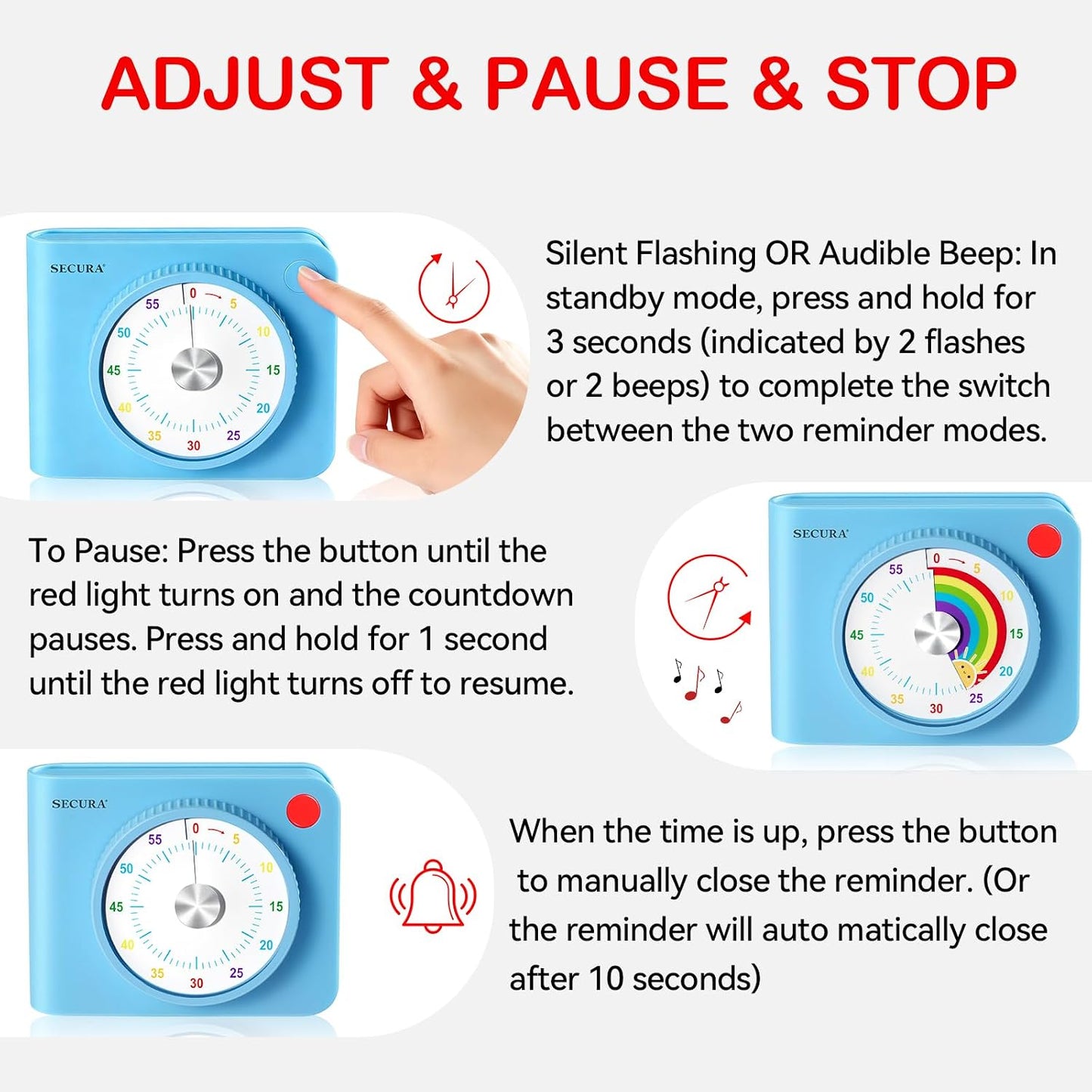 Secura 60 Minute Visual Timer for Kids, Countdown Timer for Time Management | Silent ADHD Timer with Pause, Magnetic Back, Stand, for Classroom, Home, School, Kitchen, Office (Purple)