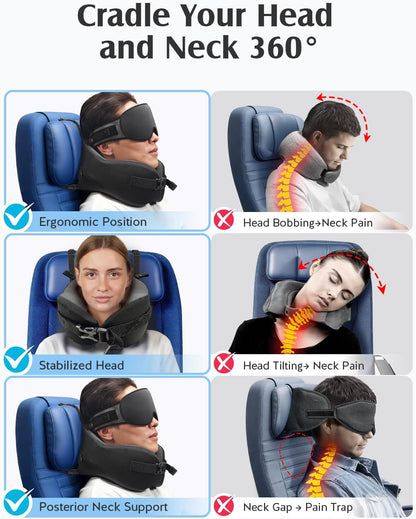 YFONG Travel Pillow with Head Support & Sleep Mask for Long Flights, Black | Patented 360° Support System, Prevents Bobbing, Airplane Head Strap, 3D Eye Mask, Memory Foam Neck Pillow, Travel Essential