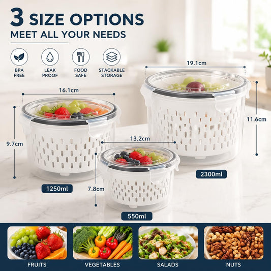 3 Piece Fruit & Berry Storage Boxes with Lid for Refrigerator, Round Berry Containers for Blueberries, Strawberries & Fruits, Food Storage Containers for Fresh Keeping