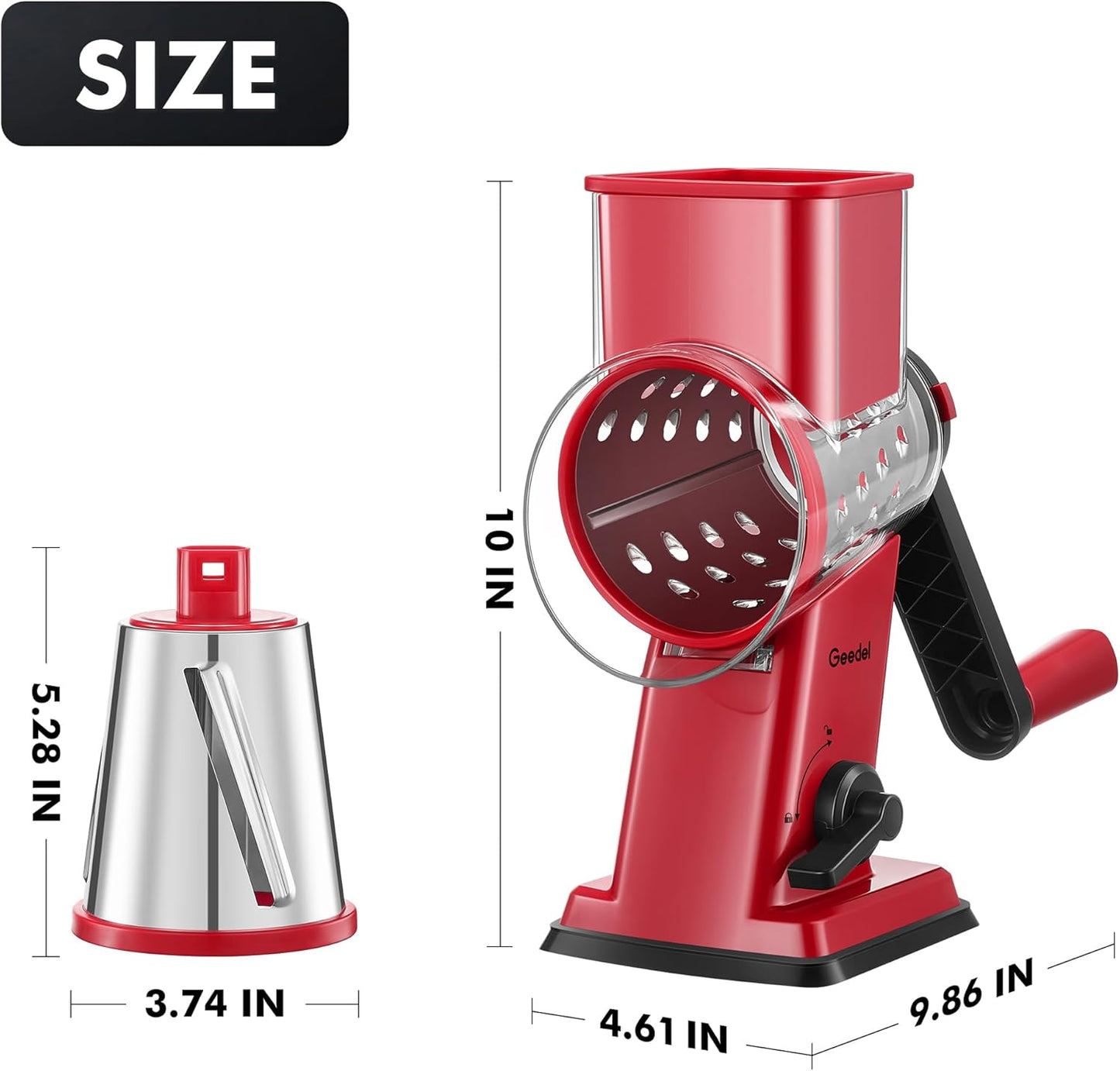 Geedel Upgraded Rotary Cheese Grater Hand Crank, Vegetable Shredder Slicer | 4 Blades, Stronger Suction Base, Wider Chute, 18x Faster Cutting, No BPA, Stainless Steel, for Cheese, Veggies, Nut