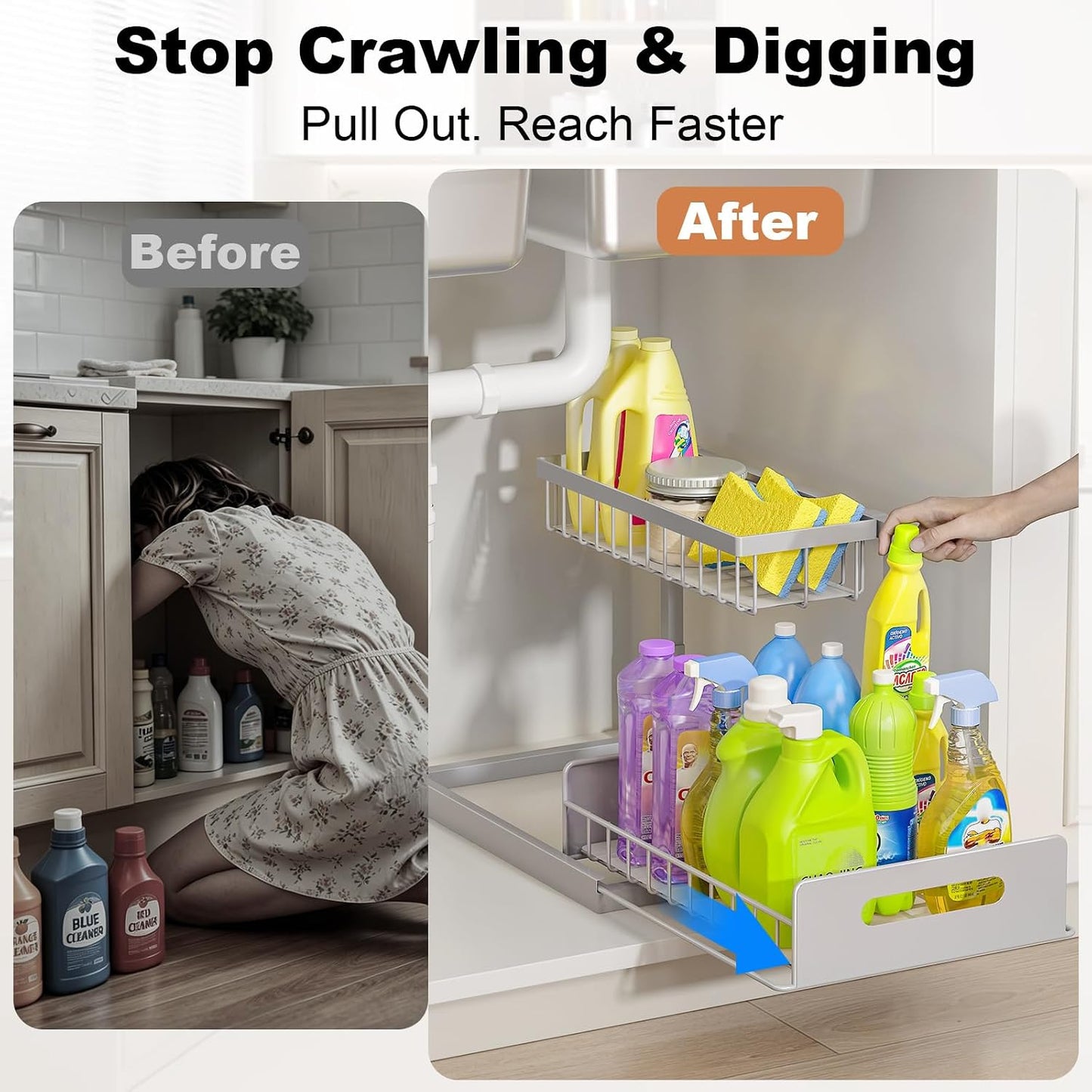 Under Sink Organizer, L-Shaped 2 Tier Pull Out Cabinet Organizer | Slide Out Sink Shelf Cabinet Storage Shelves, Under Sink Storage for Kitchen Bathroom Cabinet, White, 1 Pack
