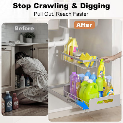 Under Sink Organizer, L-Shaped 2 Tier Pull Out Cabinet Organizer | Slide Out Sink Shelf Cabinet Storage Shelves, Under Sink Storage for Kitchen Bathroom Cabinet, White, 1 Pack