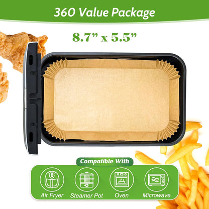 360 Pcs 8” Square Unbleached Heavy Duty Air Fryer Paper Liners Disposable, Non-Stick & Non-Leak Parchment Paper Liners for Airfryer Basket, Deep Fryer Parts & Accessories