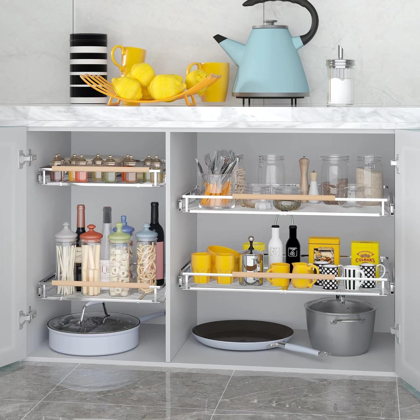 Pull Out Cabinet Organizer, 23~39.8" W x 22.5" D, 2 Pack | Expandable Pull Out Shelves for Kitchen Cabinets, Heavy Duty Stainless Steel Slide Out Pantry Shelves Sliding Shelf for Home