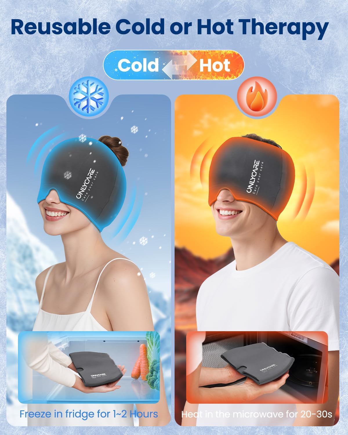 ONLYCARE Migraine Relief Cap, Headache Relief Cold Cap with Odorless Gel | Cooling Hat Head Wrap Soothing Face Ice Pack Mask Products for Tension Stress Hangover & Puffy Eyes, Relaxing Gifts for Women