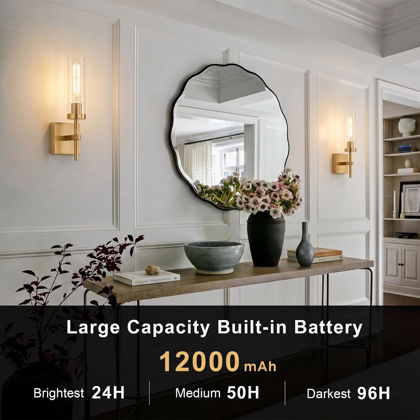 Wireless Wall Sconces with Remote Control, Battery Operated Wall Sconce Set of 2, Black & Gold Rechargeable Dimmable Wall Light for Bedroom Living room Bathroom Hallway Entryway Stairwell, 3000K
