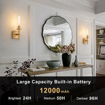 Wireless Wall Sconces with Remote Control, Battery Operated Wall Sconce Set of 2, Black & Gold Rechargeable Dimmable Wall Light for Bedroom Living room Bathroom Hallway Entryway Stairwell, 3000K