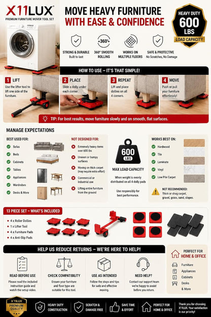 X11LUX - Furniture Moving & Lifting Tool Set, 360° Swivel Wheels, Lifter for Sofa, Cabinet, Washing Machine Appliances, Easy Moving Small Tool, Must Have for Home, Best for Hard Floor