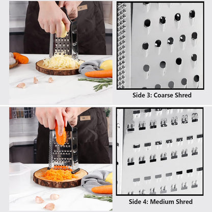 Box Grater, Cheese Grater Shredder Stainless Steel with 6 Sides, Best for Parmesan Cheese, Vegetables, Potatoes, Carrot, Ginger, Mandoline Vegetable Slicer with Detachable Container, Silver