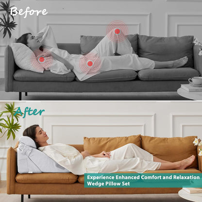 Bedluxe Wedge Pillow Headboard, 3PCS Orthopedic Bed Wedge Pillows Set for After Surgery, Adjustable Pillow Wedge for Acid Reflux&Back Pain Relief, Sleeping, Back Pillow for Bed Sitting Up, White/Grey