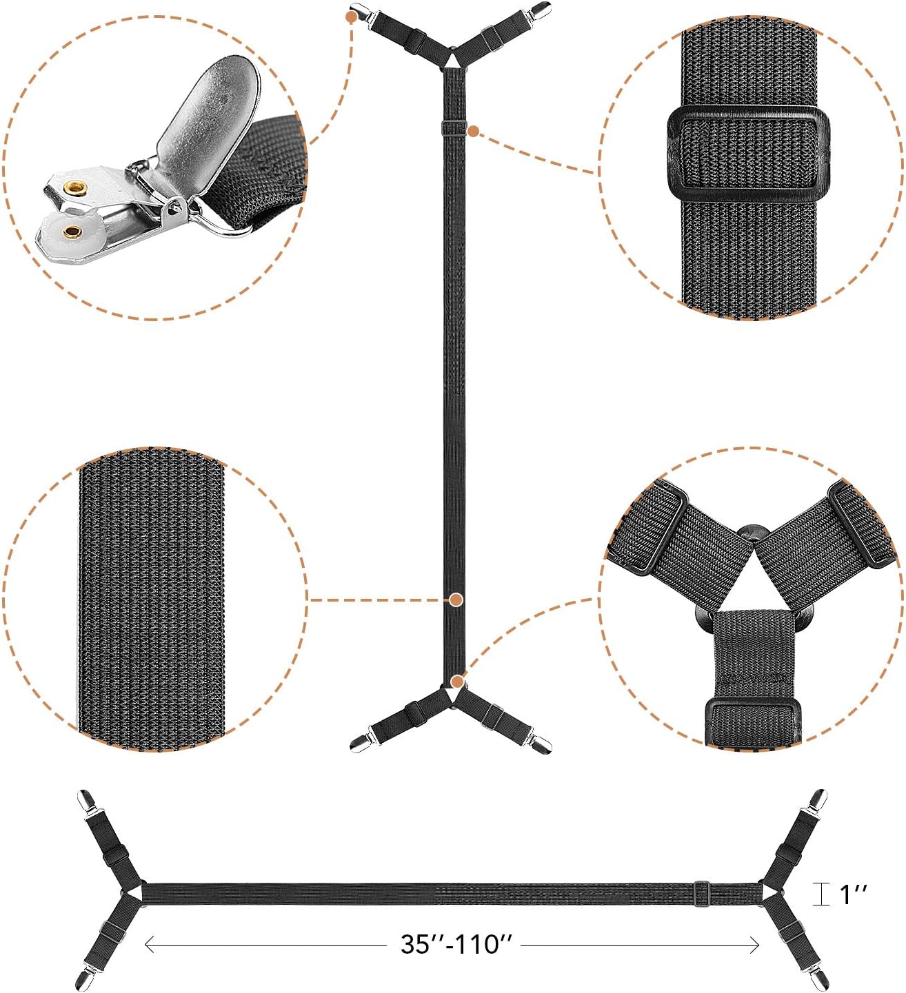 ZHOUBIN Sheet Suspenders Clips, Bed Sheet Straps Mattress Sheet Holders for Twin, Full, Queen, King - Keep Sheets in Place Corner Sheet Grippers Fasteners Sheet Stays