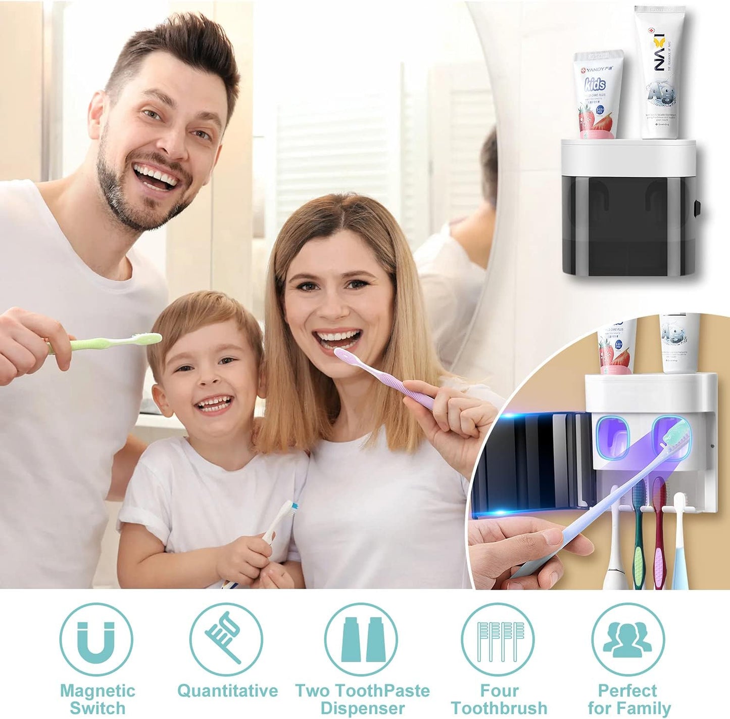 GFWARE Toothbrush Holder Toothpaste Dispenser Wall Mounted with Cover, 4 Slots Tooth Brush Storage Organizer with Automatic Kids Toothpaste Squeezers for Shower Bathroom Black | Automatic Toothpaste dispenser for Kids, Bathroom Storage Organizer with