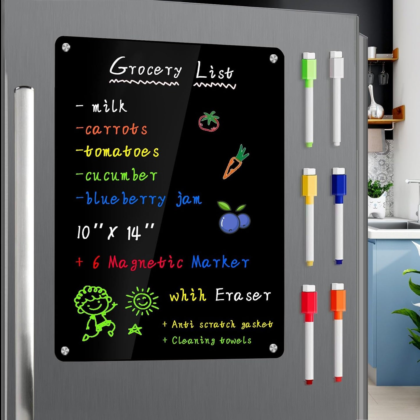 JonXon 8"x12" Acrylic Magnetic Dry Erase Board for Fridge, Clear Acrylic Magnet Calendar for Refrigerator,Includes 6 Dry Erase Markers(Clear Blank)