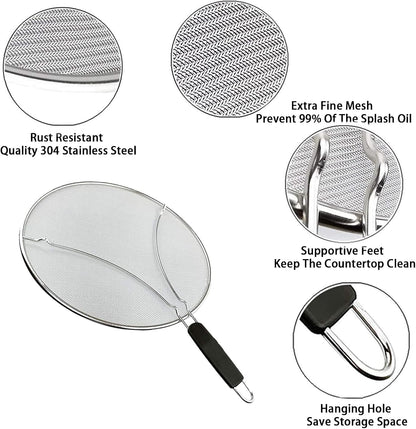 Stainless Steel Splash Guard, Frying Pan Splash Guard, Fine Mesh Cover, Prevents oil Splattering, Comfortable Handle to Prevent Burns, Suitable for Frying Pans and Cooking Utensils (15in)