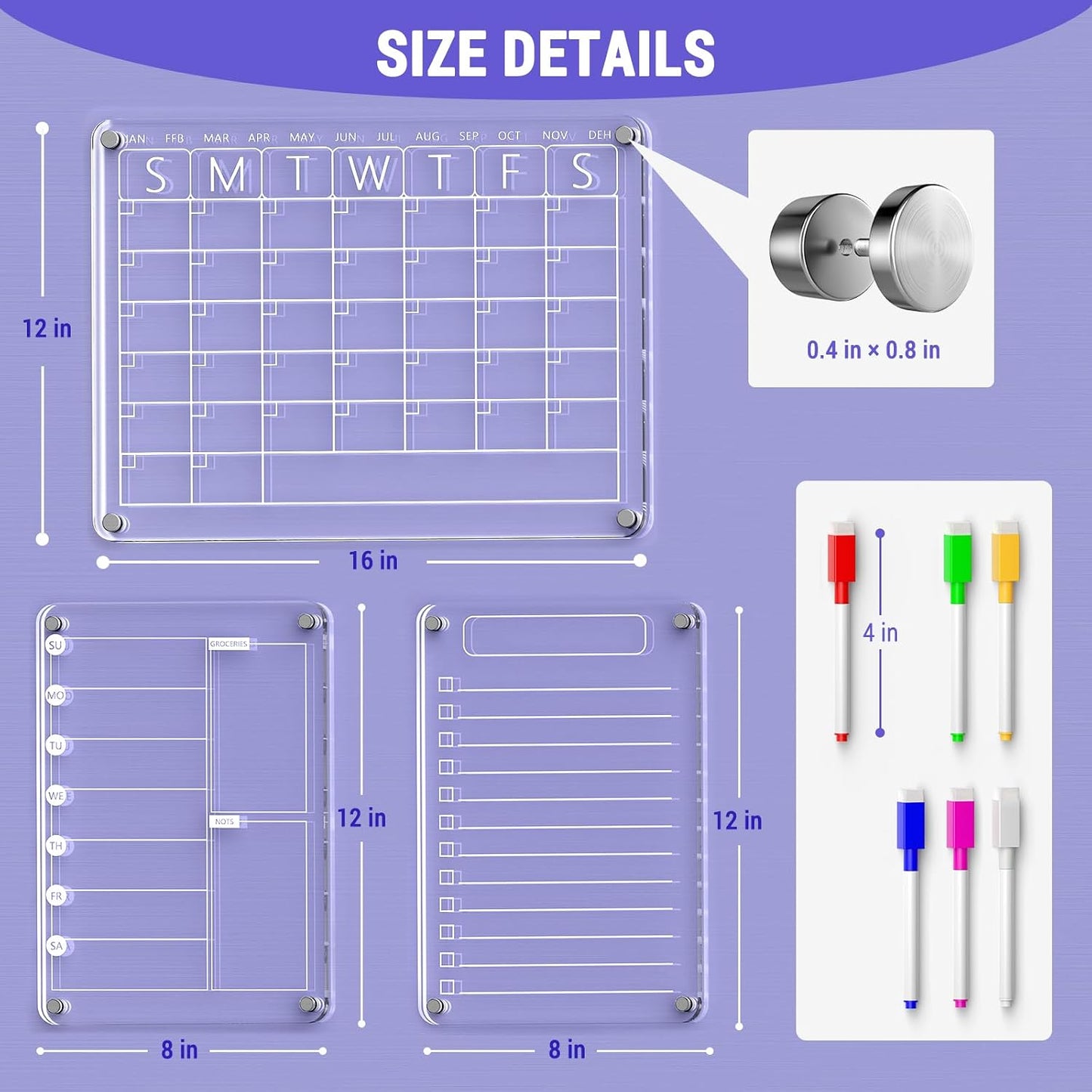 Acrylic Meal Planner Magnetic Menu Board for Kitchen Fridge, 13"x9" Clear Weekly Calendar Planning Board Noteboard Refrigerator Dry Erase Board to Do/Grocery/Shopping Lis Includes 6 Markers