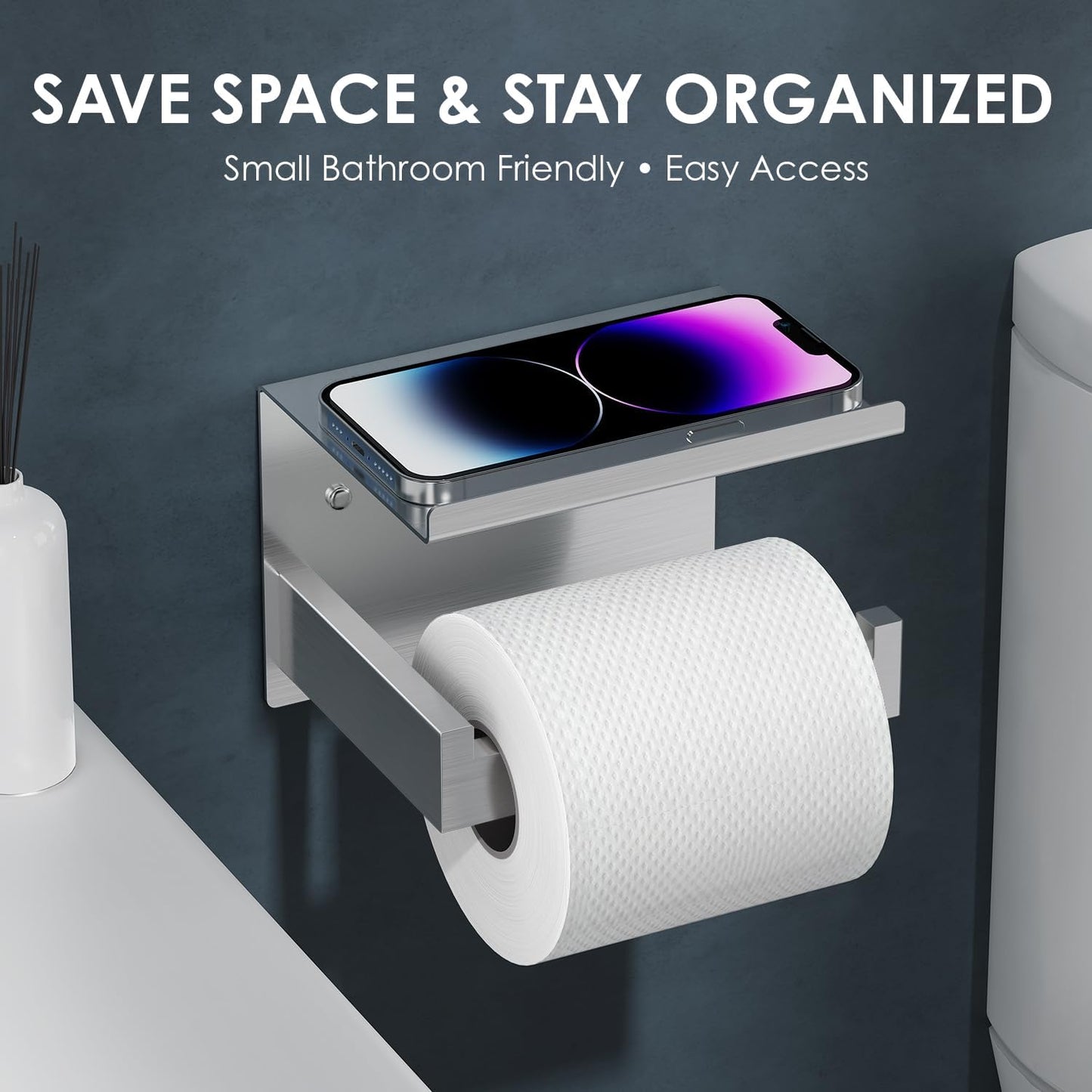 Auxmir Toilet Paper Holder with Shelf, Self Adhesive or Screw Mount, Black | Rustproof SUS304 Stainless Steel with Phone Shelf, Square Anti-Slip Bar, Fits Mega Rolls, Adhesive or Screw Installation