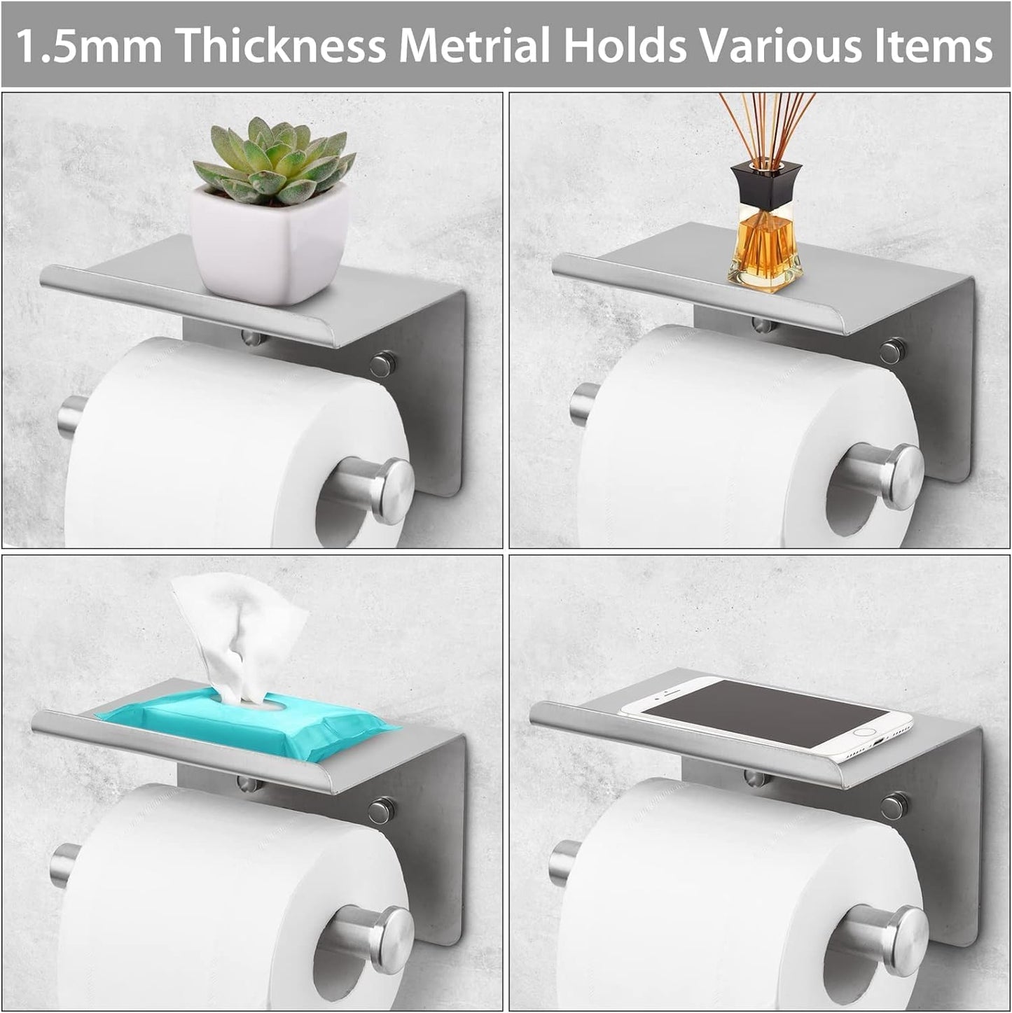 WDFAACK Chrome Toilet Paper Holder with Shelf for Extra Storage, 2-in-1 Wall Mounted Bathroom Tissue Stand for Cell Phone and Small Items