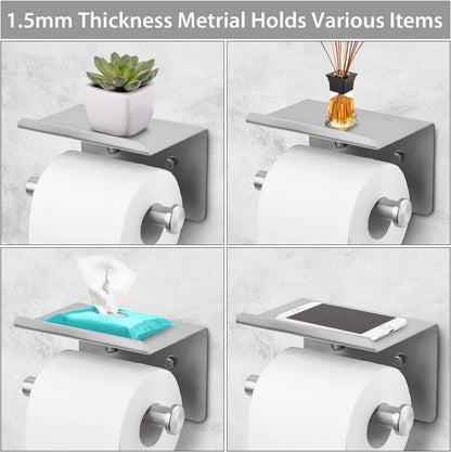 WDFAACK Chrome Toilet Paper Holder with Shelf for Extra Storage, 2-in-1 Wall Mounted Bathroom Tissue Stand for Cell Phone and Small Items
