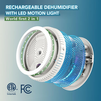 2-in-1 Rechargeable Dehumidifier with Motion Sensor LED Light, Perfect For Gun Safe, Gun Cabinet and other enclosed areas, ETL Approved (White)
