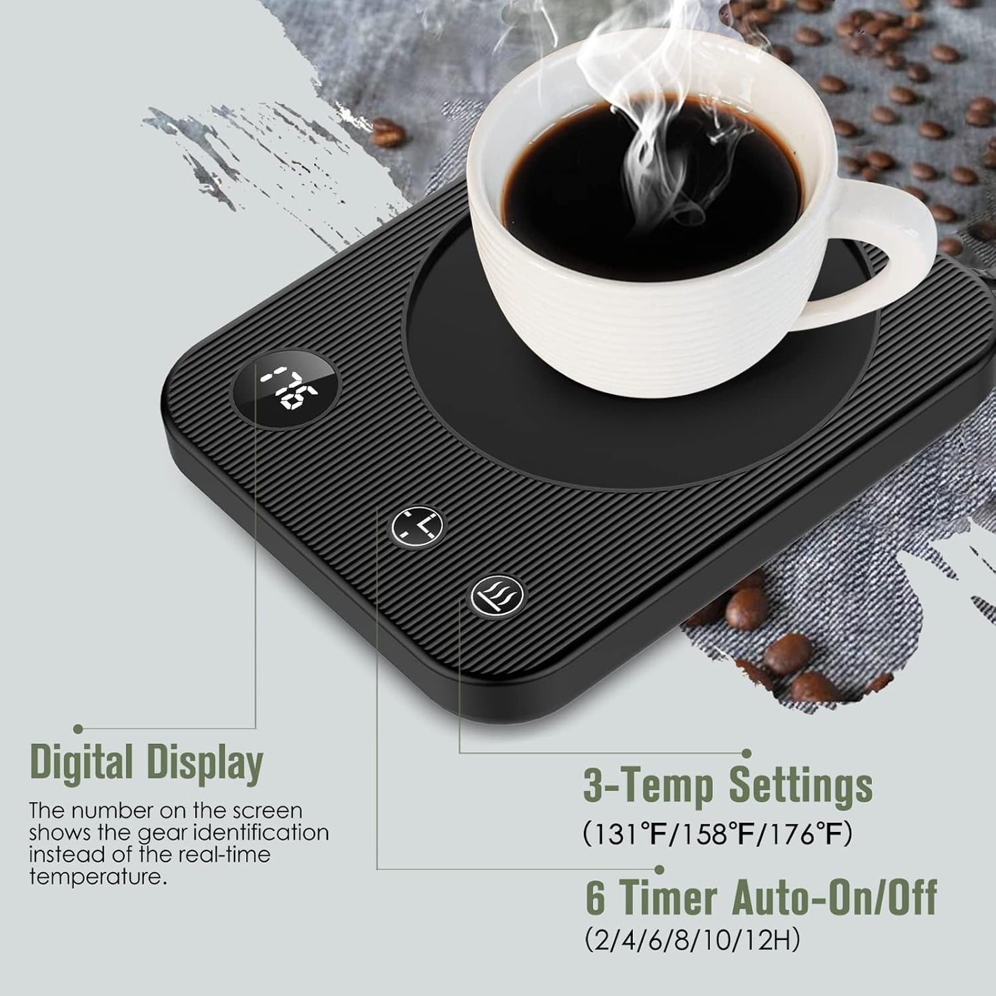 Mug Warmer, Coffee Mug Warmer with 3 Temp Settings, 6-Timer Auto Shut-Off Coffee Warmer, Anti-Slip Mug Warmer for Desk with Digital Screen, Coffee Cup Warmer for Tea Milk Hot Chocolate