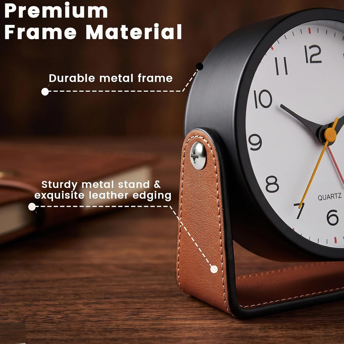 Analog Alarm Clock - 4.5" Silent Non Ticking Small Clock with Light, Rotatable Stand Metal Desk Clock Battery Operated, Simple Design for Living Room Decor/ Bedroom/Bedside/Shelf (Black & White)