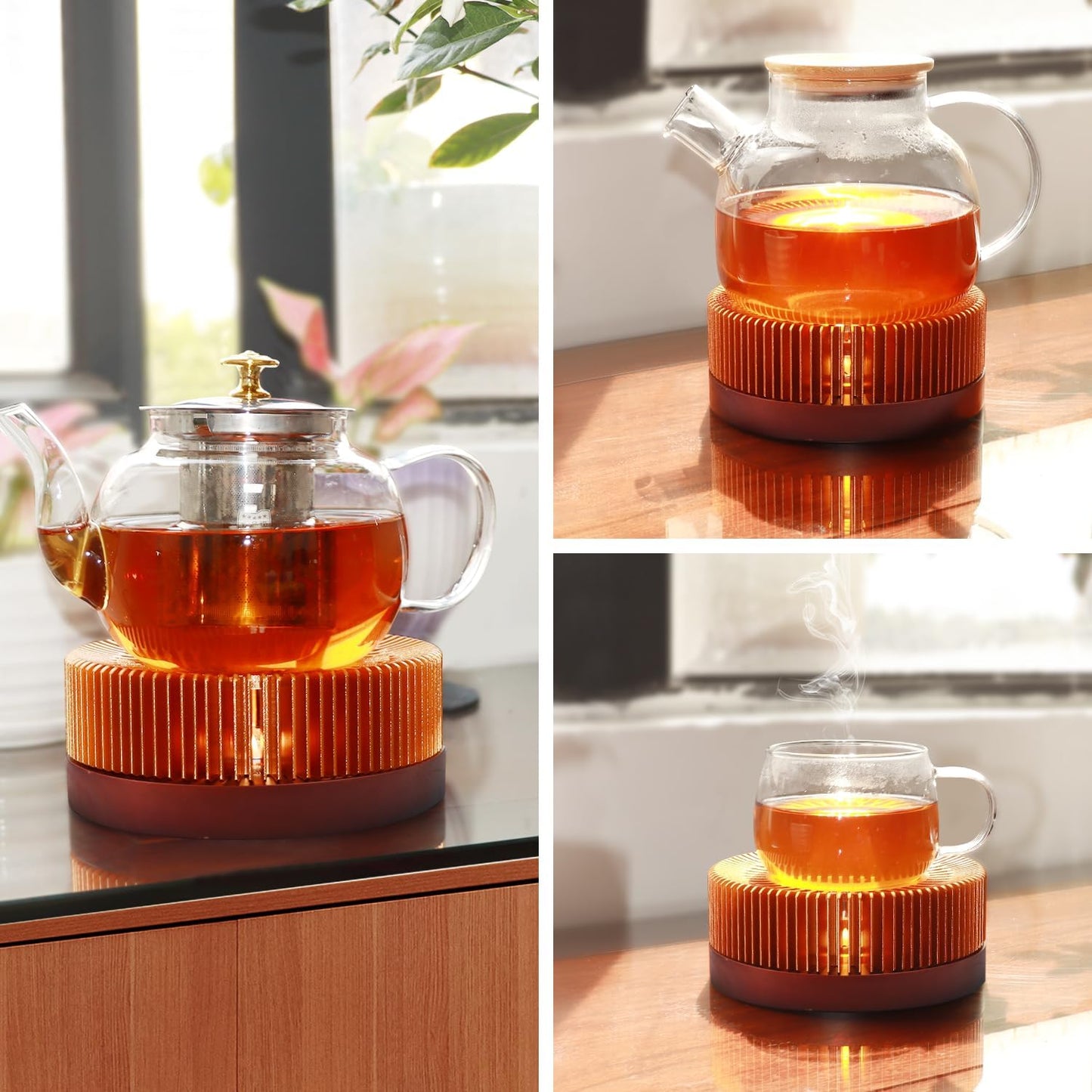 Tea Warmer, Aluminum Alloy & Wood, for Heating Tea Coffee Milk | Large Teapot Warmer for Indoor & Outdoor, Compatible with Standard Teapots