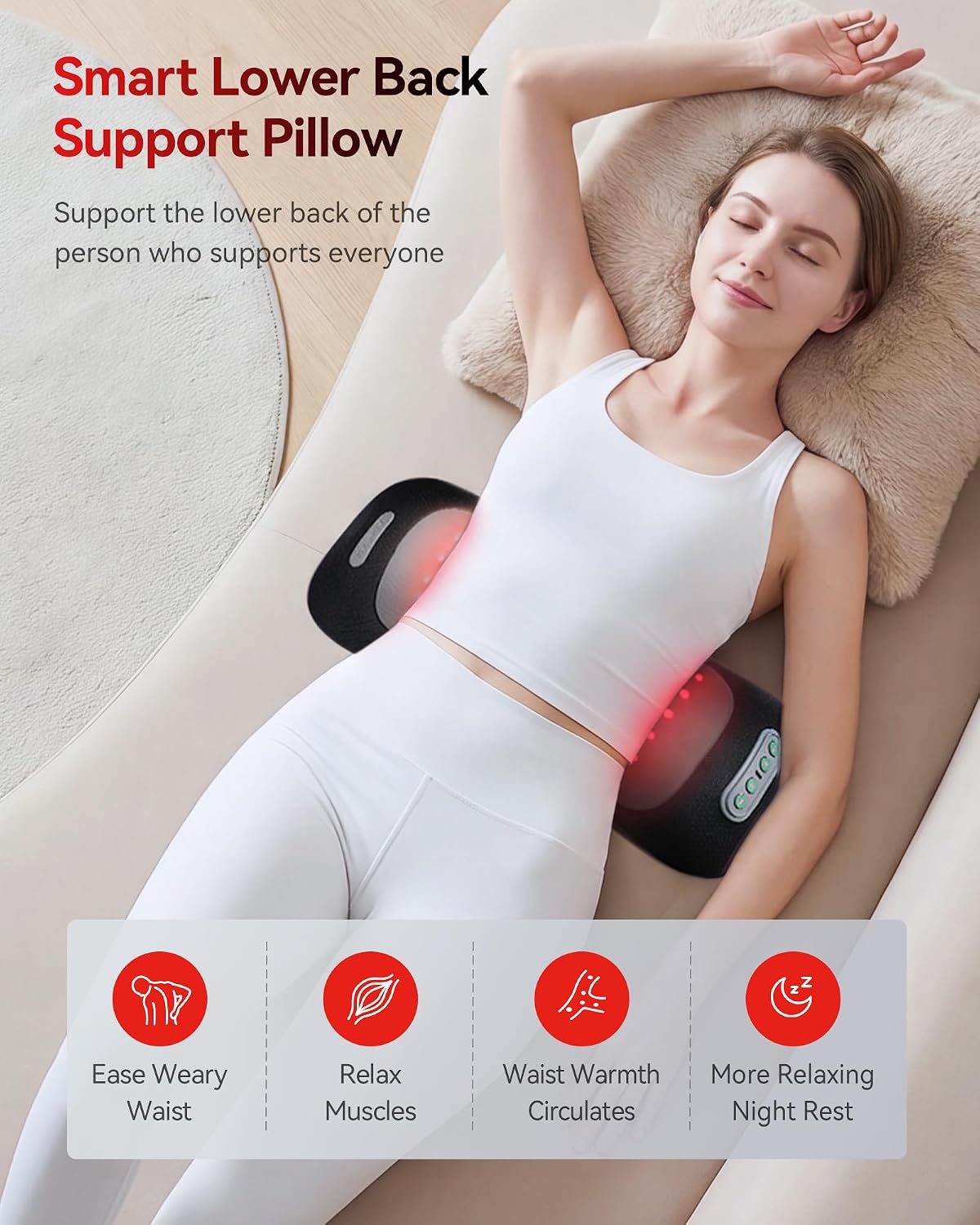 FliKEZE 4-in-1 Lumbar Massager with Red Light 650/850nm Cordless 5000mAh | Lumbar Support Pillow Lower Back Massager with Vibration, Airbag Traction & Heating for Back & Waist Comfort, FSA Eligible