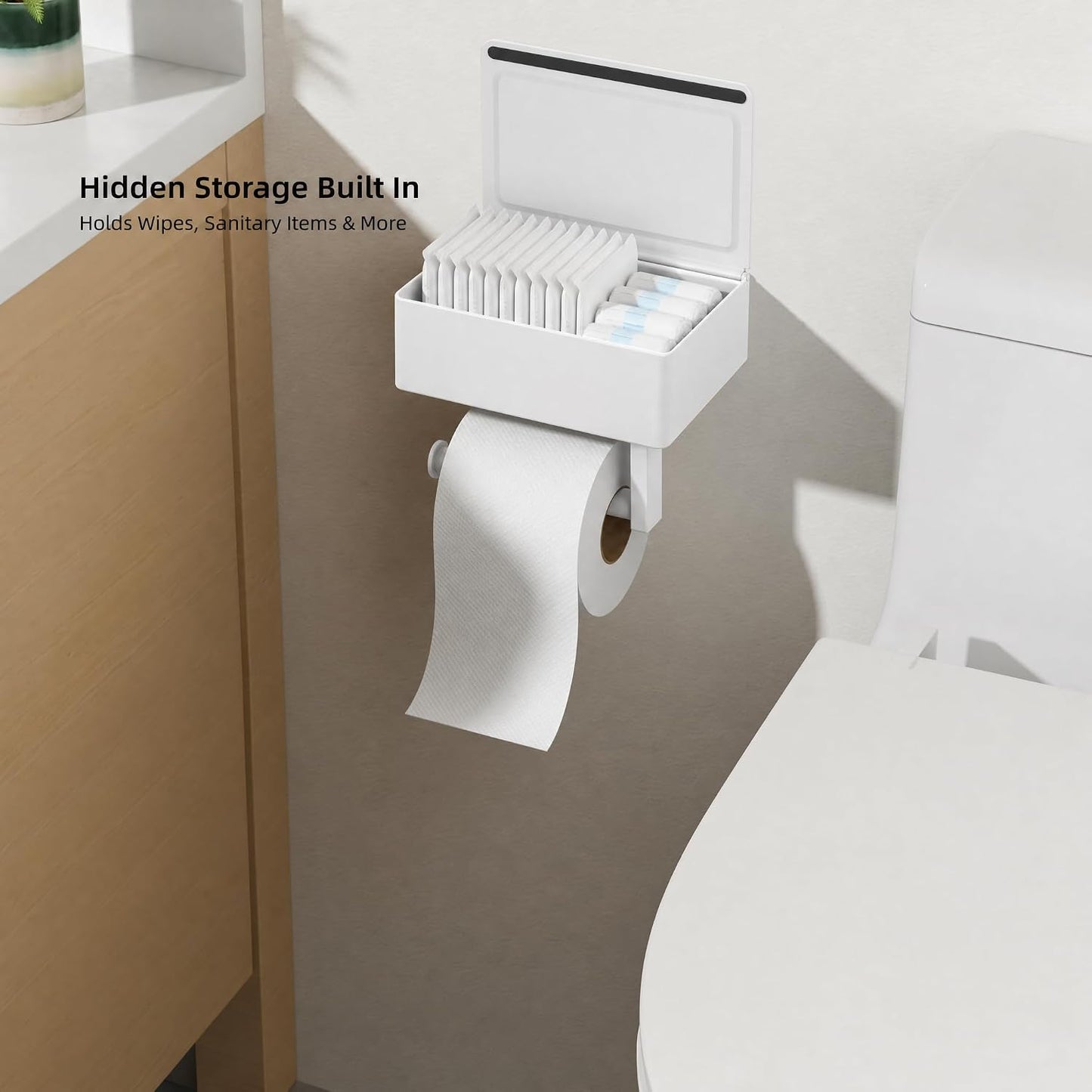 FORIOUS Toilet Paper Holder with Shelf, Wall-Mounted Modern Wipes Dispenser | Brushed Nickel | Toilet Paper Holder with Storage for Bathroom | Fits Wipes, Sanitary Napkin, Tampon | 8.0"x5.3" Large Shelf