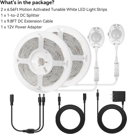 Under Bed Lights Motion Sensor LED Strip, 2 x 6.56ft 3000K-6500K CCT White | Motion Activated LED Strip Lights, Auto-off Timer, IP65 Waterproof, 12V Auto On/Off Night Lighting for Bedroom Cabinet Mirror