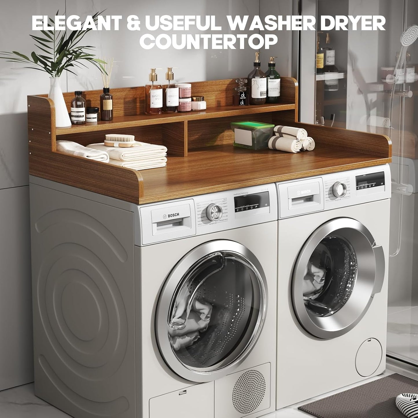 2-Tier Washer and Dryer Countertop with 2.75" H Guard,54" W x 27.5" D Laundry Countertop Cover with Non-Slip Pad,Large Space Laundry Topper for Folding Clothes Over Washer and Dryer-White