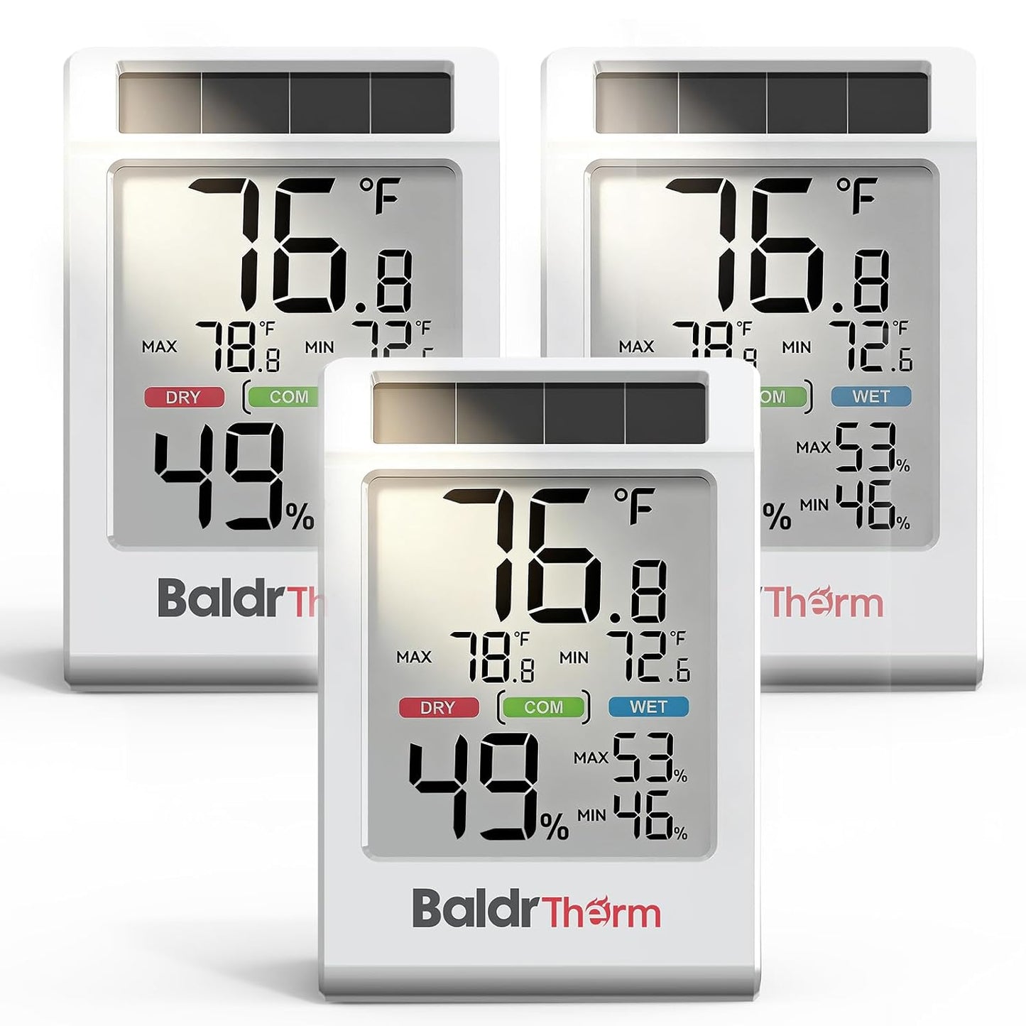 BALDR Solar Indoor Thermometer Hygrometer, Max/Min, Comfort Meter (White) | Solar & Battery Dual Power |No Setup or App Required |Clear Comfort Level Indicator |Flexible Desk or Wall Placement