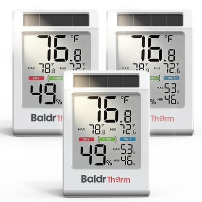 BALDR Solar Indoor Thermometer Hygrometer, Max/Min, Comfort Meter (White) | Solar & Battery Dual Power |No Setup or App Required |Clear Comfort Level Indicator |Flexible Desk or Wall Placement
