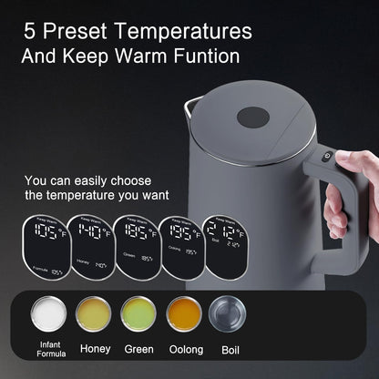 1.5L Electric Kettle Temperature Control, Black | Double Wall Cool Touch Teapot, Fast Boil, 5 Temperature Control, LED Display, Auto Shut-Off & Keep Warm