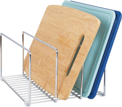 mDesign 3 Slot Tray and Pan Rack — Metal Wire Rack for Pantry and Kitchen Storage — Freestanding Pan Lid Holder Also for Baking Trays and Crockery – Silver