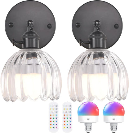 Shenmoyl Vintage Battery Operated Wall Sconce with Green Tulip Glass Lampshade Rechargeable Battery Powered Wall Light with Remote Control for Bedside Bedroom Doorway
