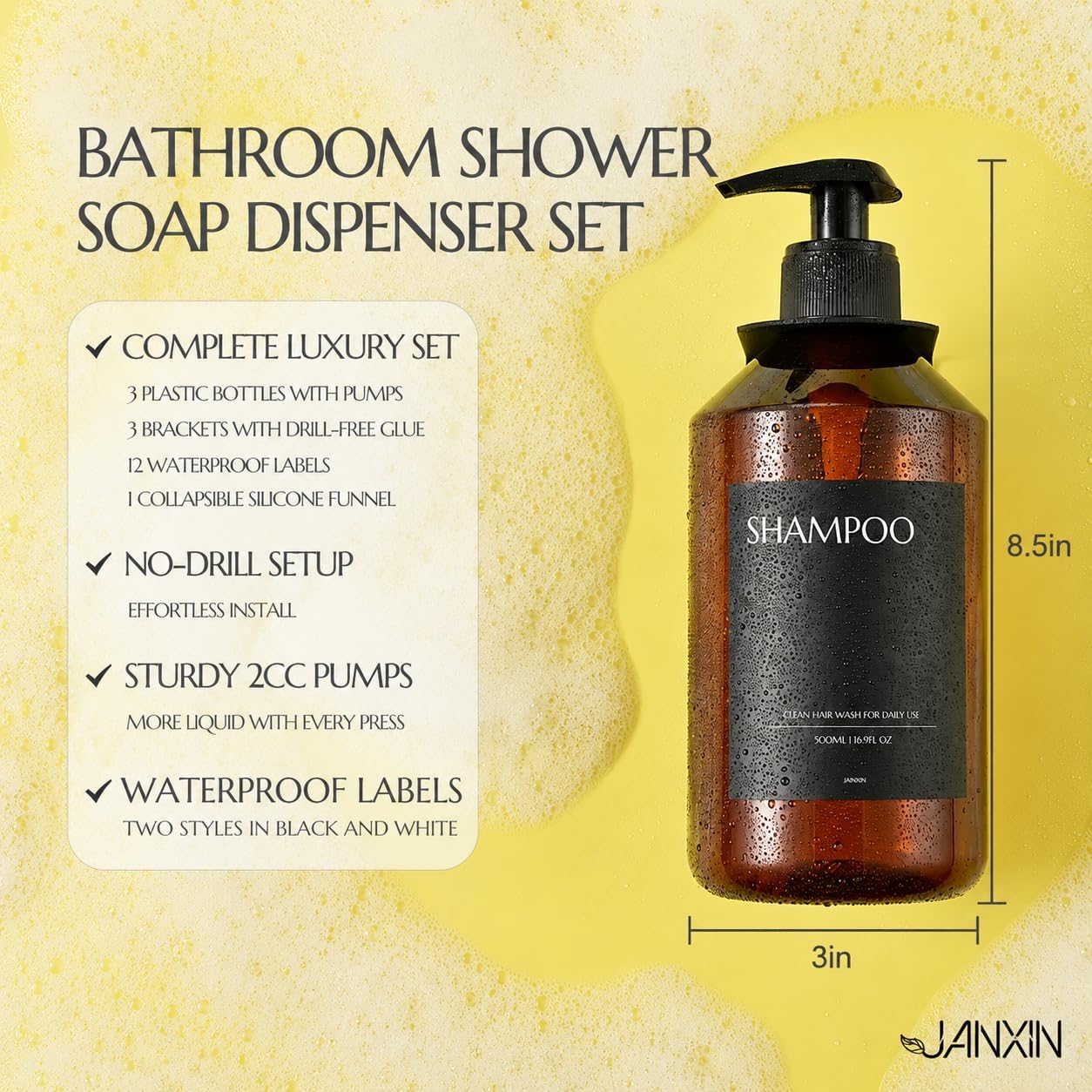 Shampoo and Conditioner Dispenser Set of 3 for Wall Mount | 16.9 fl oz Drill Free Shower Soap Bottles,Refillable Body Wash Dispensers for Bathroom Decor (Amber Bottles + Bamboo Pumps)
