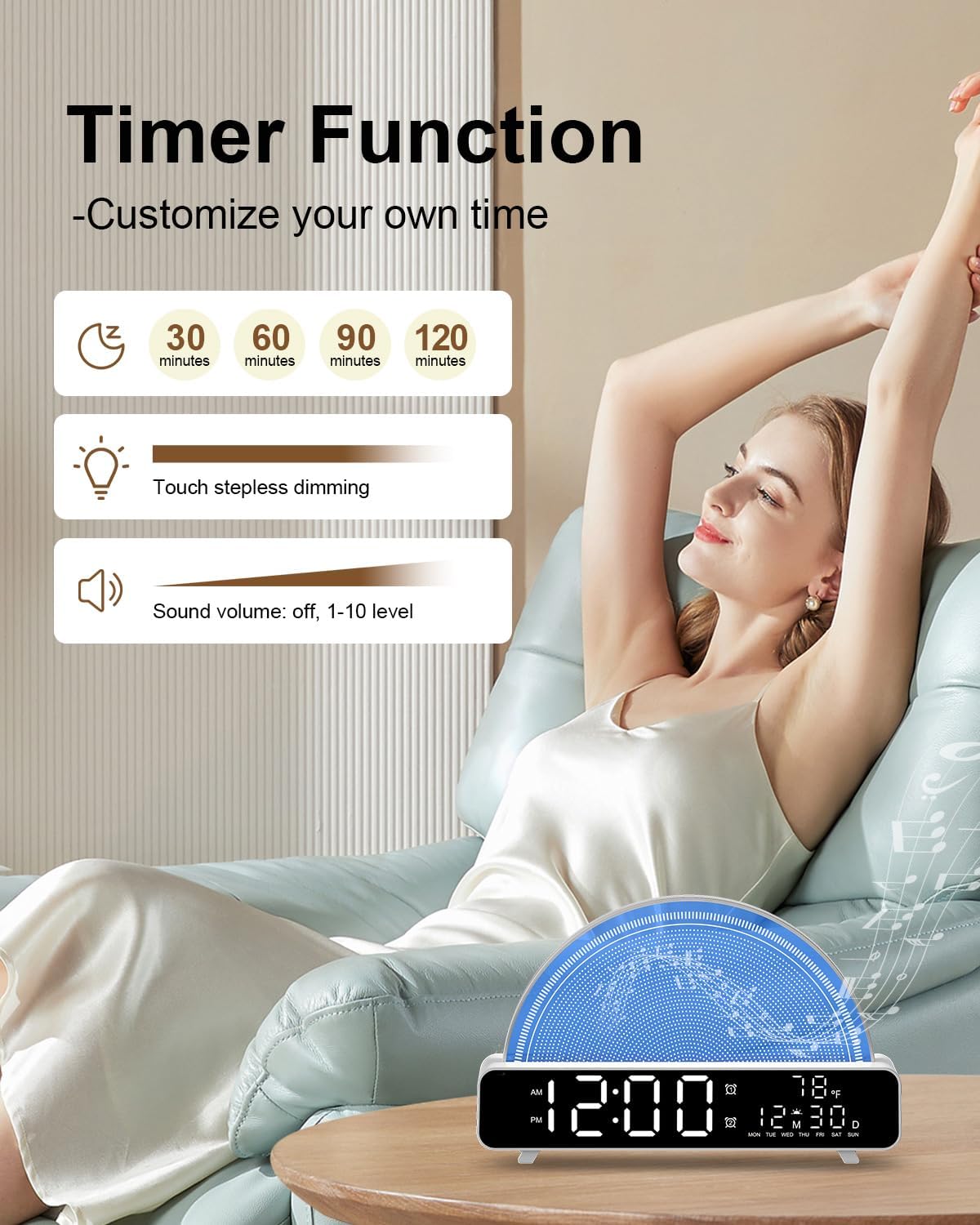 HAODINGMAI Sunrise Alarm Clock Wake Up Light with Sunrise Simulation White Noise Machine Touch Control Bedside Lamps Colors Atmosphere Lamp 30/60/90 Sleep Timer 13 Nature Sounds