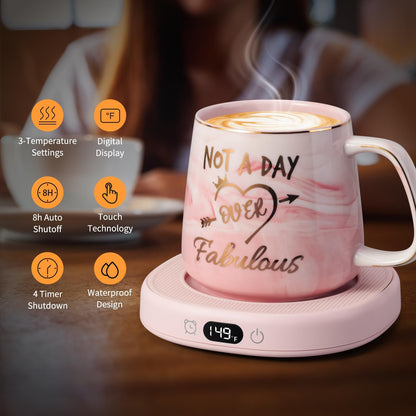 Coffee Mug Warmer & You are Awesome Mug Set, Electric Cup Warmer for Desk | Beverage Warmer Plate for Coffee, Tea, 4 Temperature Setting, 8-Hours Auto Shut Off, 14oz Mug with Spoon & Lid Included