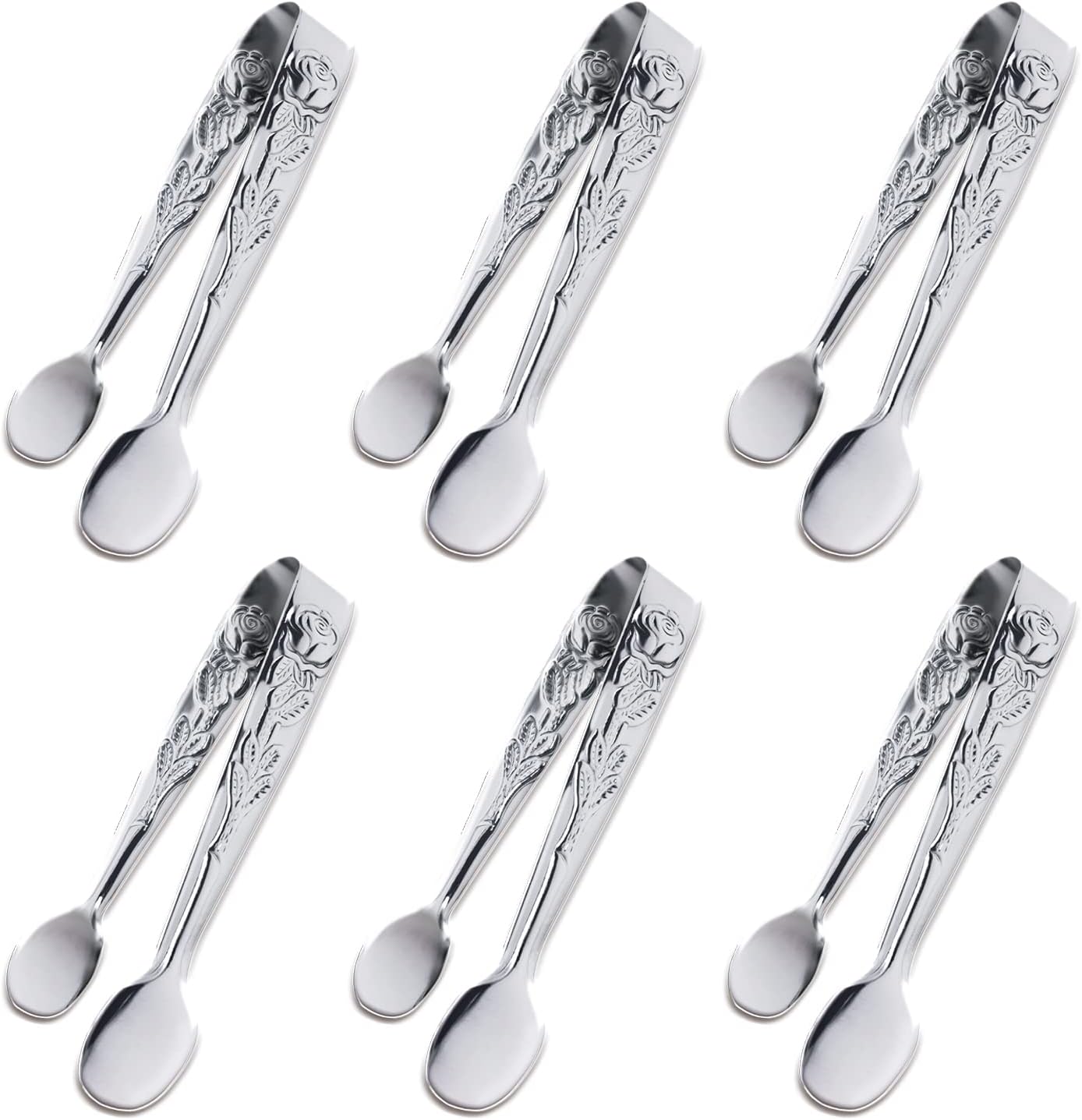 3PCS Mini Serving Tongs, 4Inch Rose Stainless Steel Sugar Cube Tongs, Sliver Small Ice Tong for Tea and Coffee Party, Appetizers, Desserts by Sunenlyst (Silver)