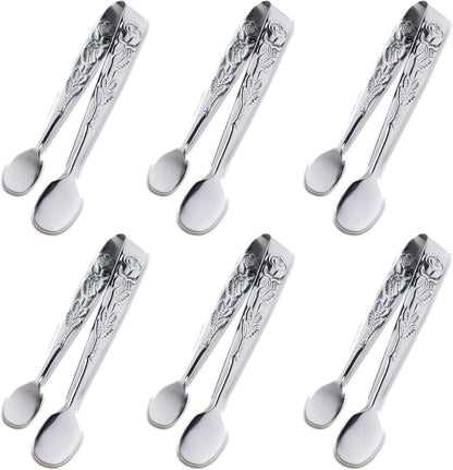3PCS Mini Serving Tongs, 4Inch Rose Stainless Steel Sugar Cube Tongs, Sliver Small Ice Tong for Tea and Coffee Party, Appetizers, Desserts by Sunenlyst (Silver)