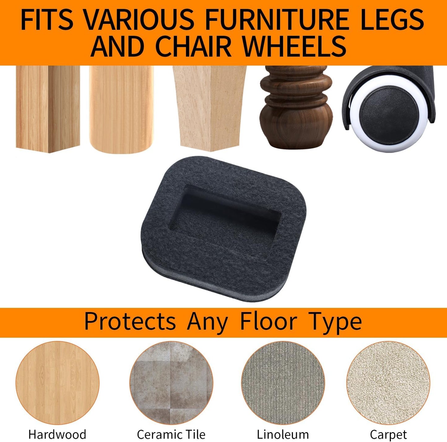 12 PCS Felt Furniture Coasters Caster Cups for Hardwood Floors, Felt Bottom Furniture Pads, Bed Office Chair Fridge Furniture Wheel Stopper to Prevent Sliding and Scratches (Black, L: 2.6" * W:1.8")