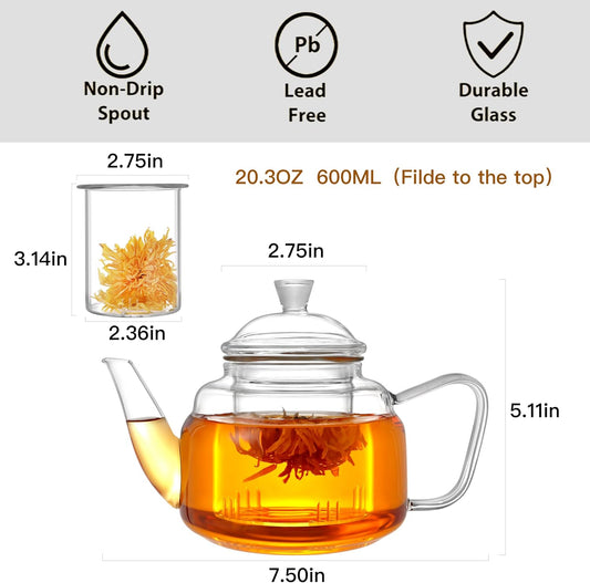 CNGLASS Glass Teapot with Removable Infuser,30.5oz Clear Tea Kettle with One Button Press to Filter the Tea Soup,Loose Leaf and Blooming Tea Maker
